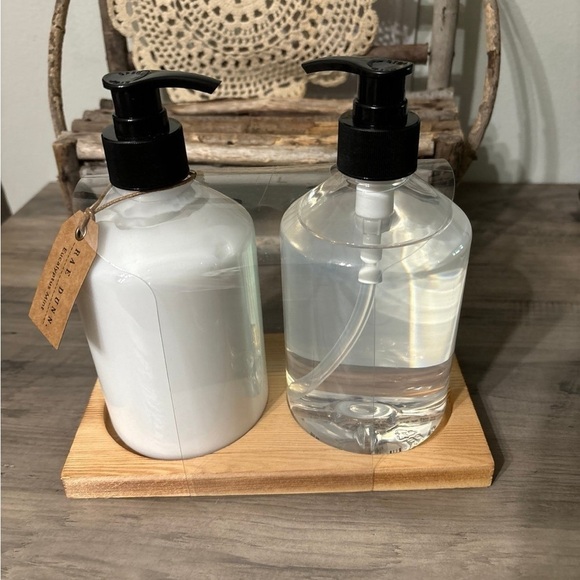 Rae Dunn Pump SOAP & LOTION on Wood Tray and CLEAN Cotton Pads Glass Jar Bundle - Picture 5 of 12
